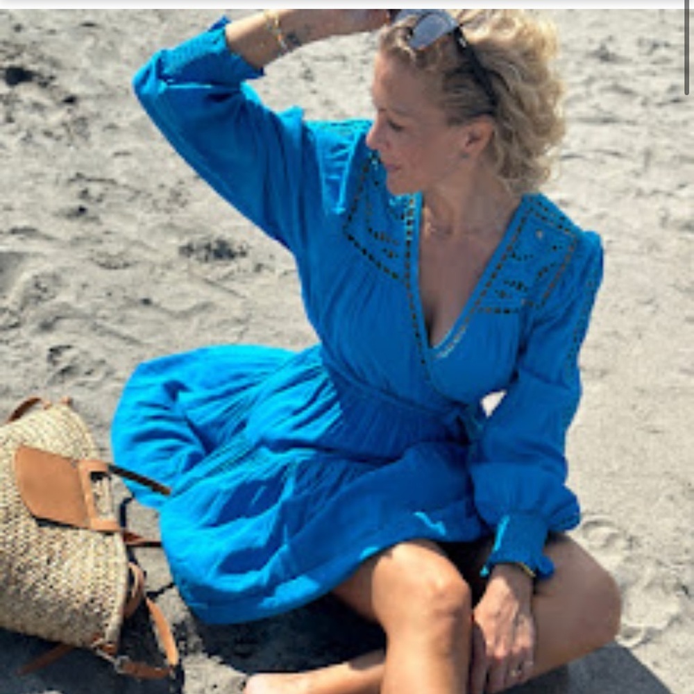SUNCOO Paris Turquoise Eyelet V-Neck Dress